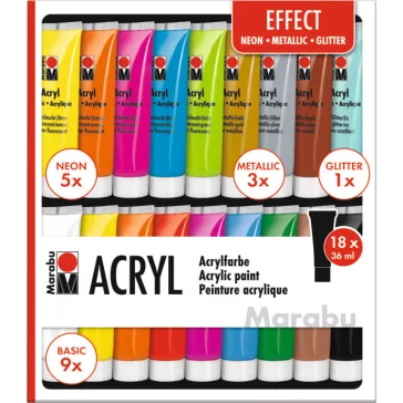 Marabu akrilfesték szett - effekt színek, 18 x 36 ml