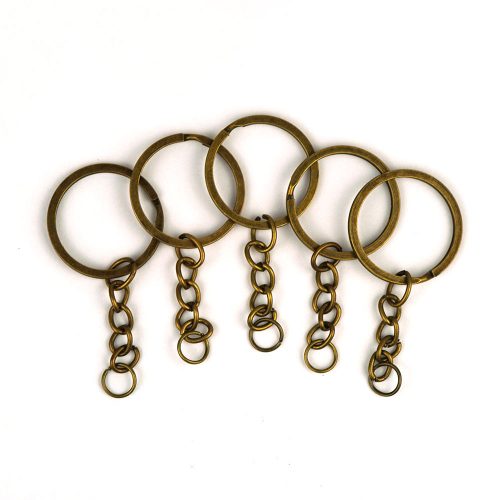 Fém kulcskarika lánccal - bronz, 5 db
