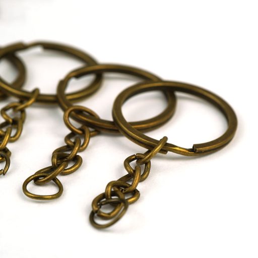 Fém kulcskarika lánccal - bronz, 5 db