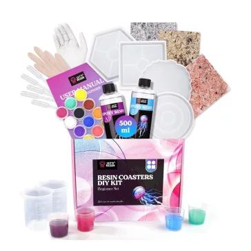   Let's Resin epoxi öntőgyanta alátétkészítő szett - 500 ml, alátét öntőformákkal, színezékekkel